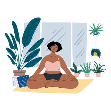 African american woman meditates at home. Cartoon flat urban jungle, body positive, self acceptance, mental health hand drawn concept illustration.