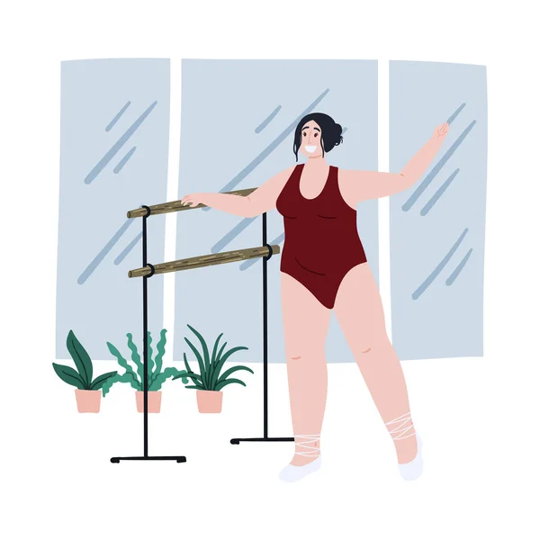 Plus Size Ballerina trainiert. Cartoon handgezeichnete Konzeptillustration für Körperpositiv, Selbstliebe und Akzeptanz. — Stockvektor