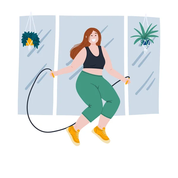 Nainen hyppää hyppyköydellä kuntosalilla, tekee harjoituksia. Litteä sarjakuva käsin piirretty elin positiivinen, hyvinvointi ja itsensä hyväksyminen käsite kuva . — vektorikuva