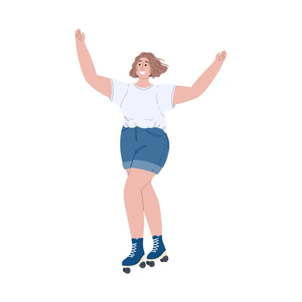 Chica en rollers.Woman está patinando. Actividades al aire libre. Ilustración dibujada a mano de estilo plano de dibujos animados . — Archivo Imágenes Vectoriales