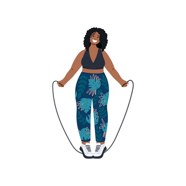 Femme saute et fait des exercices avec une corde à sauter. Dessin animé dessiné à la main corps plat concept positif illustration. Isolé sur fond blanc . — Image vectorielle