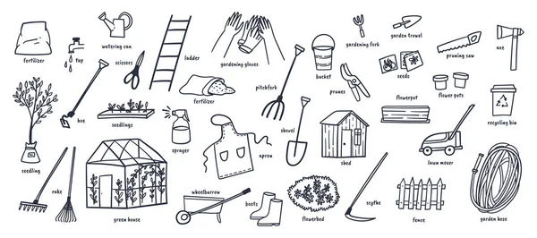 Gartengeräte und Gartenelemente Doodles handgezeichnete Vektor-Illustration. — Stockvektor