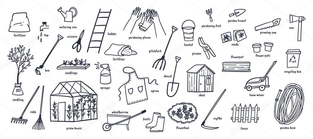 Gardening tools and yard elements doodles hand drawn vector illustration.
