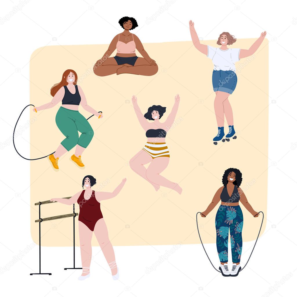 Body positive happy women jumping-rope exercises, meditate, ballet training and roller skate. Self acceptance and self love vector illustrations.