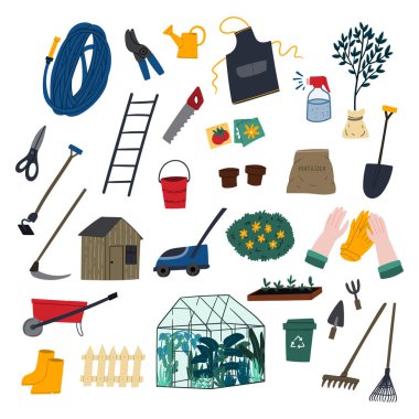 Bahçe aletleri karikatür düz stil çizimleri. El çizimi bahçe işleri konsepti.