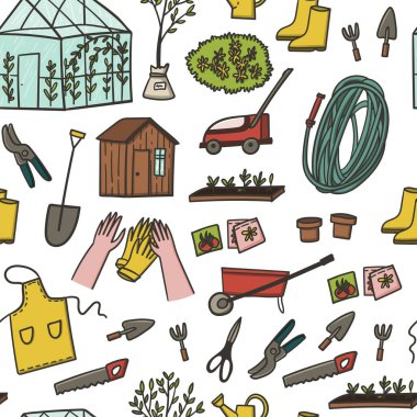 Bahçe kusursuz desenli el çizimi şirin düz çizgi film tarzı. Bahçe karalamaları. Bahar ya da yaz yeşil ev işleri.
