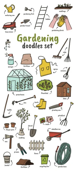 Jardinería garabatos conjunto dibujado a mano ilustración vectorial estilo de dibujos animados. Herramientas de jardinería. Fundamentos de trabajo de jardín . — Archivo Imágenes Vectoriales