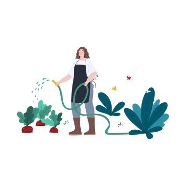 Arka bahçedeki ya da çiftlikteki genç ve mutlu kadın pancarı. Çiftçilik ve bahçe işleri. Stok vektörü