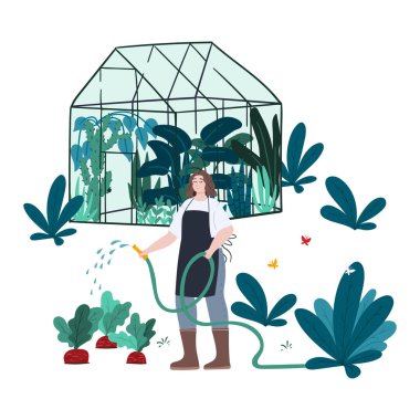 Çiçekleri bahçe hortumuyla sulayan kadın. Bahçe konsepti çizimi. El çizimi düz çizgi film tarzı. Bahar ve yaz havası. Stok vektörü