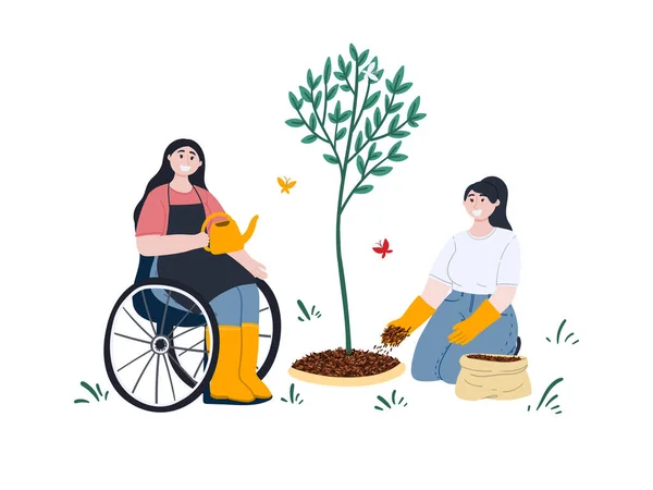 Joyeuses Jardinières Une Femme Fauteuil Roulant Arrose Une Plantule Dans — Image vectorielle