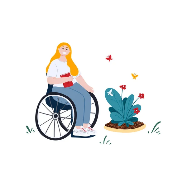 Femme souriante en fauteuil roulant tient livre dans sa main. Une fille dans un jardin. Illustration de concept de dessin animé plat. Vecteur de stock . — Image vectorielle
