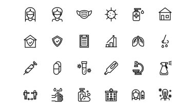 Dünya pandemik koronavirüs ikonları ayarlandı. Halk ve sağlık görevlileri koruma, aşı, karantina resimleri. Stok vektörü