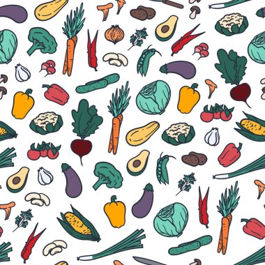 Sebze karalama stili duvar kâğıdı, ambalaj kağıdı, tekstil arkaplan vs. için dikişsiz desen. Stok vektörü