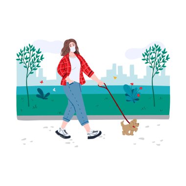 Coronavirus salgını sırasında limanda köpek gezdiren genç bir kadın. Önleme önlemleri. El çizimi karikatür konsepti çizimi.