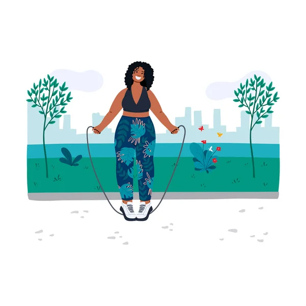Femme sautant de la corde dans un parc près de la rivière. Activité de plein air estivale. Illustration vectorielle de dessin animé dessinée à la main . — Image vectorielle