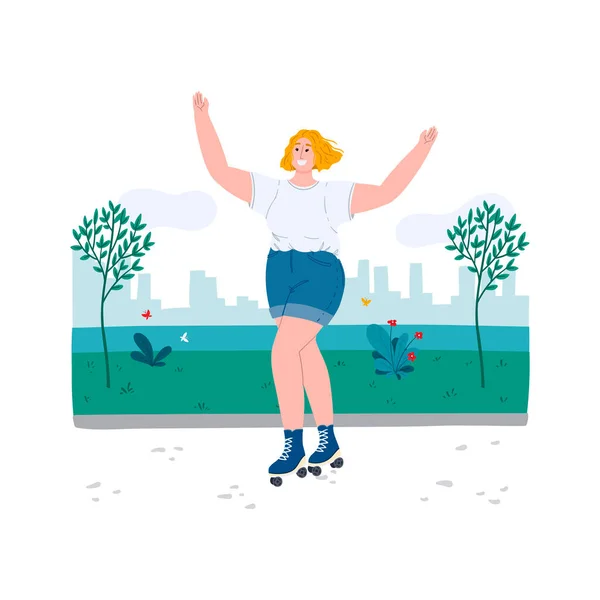 Fröhliche junge Frau fährt Inlineskating entlang der Promenade. Park in der Nähe eines Flusses mit Blick auf die Stadt. Handgezeichnete Cartoon-flache Konzeptillustration für Banner, Plakate, Werbung. — Stockvektor