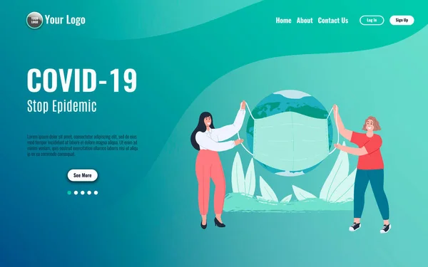 Lutar contra a epidemia de coronavírus no mundo do modelo de landing page. Ilustração de pessoas planas. Desenhos animados ilustração conceito de estilo plano. Medidas de prevenção e quarentena . — Vetor de Stock