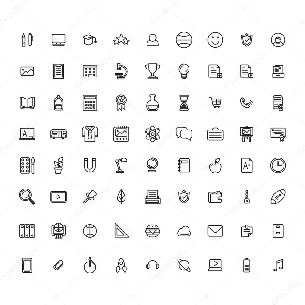 Set of outline icons about school, studying, e-learning.