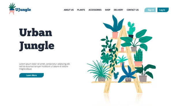 Urbanes Dschungel-Landing-Page-Template mit handgezeichneten flachen Zimmerpflanzen. — Stockvektor