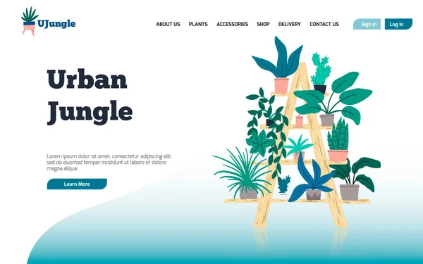 Urbanes Dschungel-Landing-Page-Template mit handgezeichneten flachen Zimmerpflanzen. — Stockvektor