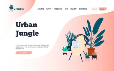 Ev bitkileri çevrimiçi dükkan iniş sayfası. Şablon tasarımı. Tropik ev bitkileri elle çizilmiş düz çizimler.