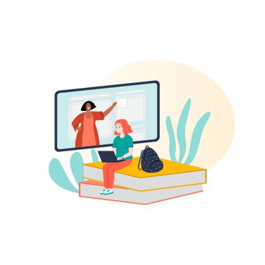İniş sayfası için e-öğrenme, çevrimiçi eğitim düz konsept illüstrasyon, web sayfası. Genç bir kız internetten ders çalışıyor, elinde dizüstü bilgisayarla kitapların üzerine oturuyor..