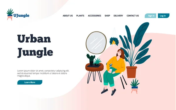 Urbane Dschungel-Landing-Page-Vorlage. Zimmerpflanzen kaufen auf der Webseite ein. Eine junge Frau sitzt am Acapulco-Stuhl in der Nähe von Zimmerpflanzen. Handzeichnen flache Menschen. — Stockvektor