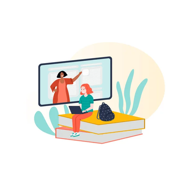 E-learning, online onderwijs platte concept illustratie voor landing page, webpagina. Jong meisje studeert online, zit op boeken met laptop in haar handen. — Stockvector