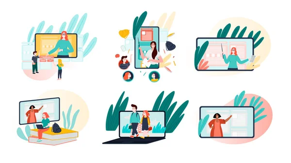 E-learning, online onderwijs en remote study concept platte illustratie. Met de hand getekend plat karakter. Leraar legt les voor kinderen uit. Ontwerpelement landingspagina. — Stockvector