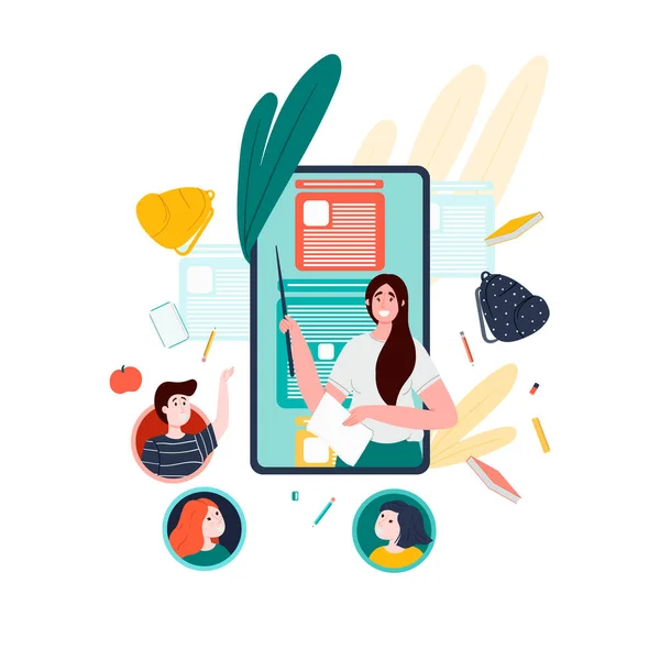 Öğretmen ve öğrenciler internet üzerinden akıllı telefonla görüşüyorlar. İniş sayfası için çevrimiçi eğitim, e-öğrenme, uzaktan çalışma düz konsept çizimi.