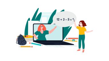 Çevrimiçi eğitim ve e-öğrenim konsepti çizimi. Öğretmen ve öğrenci düz karakterler. El çizimi karalama biçimi.