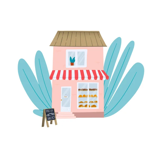 Cute Petite Boulangerie Maison Avec Savoureux Pains Frais Des Croissants — Image vectorielle