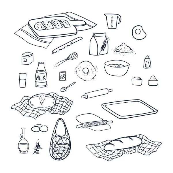 Baking Bread Doodles Hand Drawn Set Utensilios Para Hacer Pan — Archivo Imágenes Vectoriales