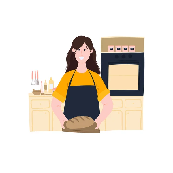 Mujer Tiene Pan Preparado Sus Manos Cocina Casera Pan Casero — Vector de stock