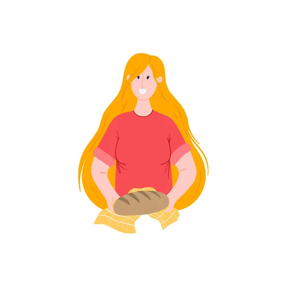 Mulher Padeiro Segurando Placa Com Croissants Ilustração Vetorial Desenhada Mão — Vetor de Stock
