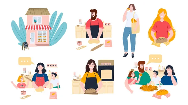 Lachende Mensen Bakken Thuis Brood Set Van Platte Illustraties Familie — Stockvector