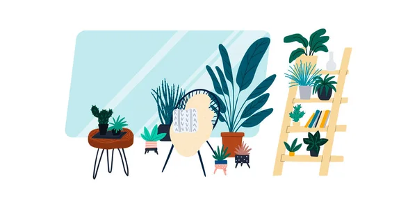 Urban Jungle Platte Concept Illustratie Met Retro Acapulco Stoel Indoor — Stockvector