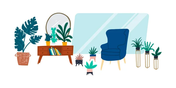 城市丛林和丑闻风格的扁平室内设计与扶手椅和室内植物 卡通涂鸦概念登陆页 种群病媒 — 图库矢量图片