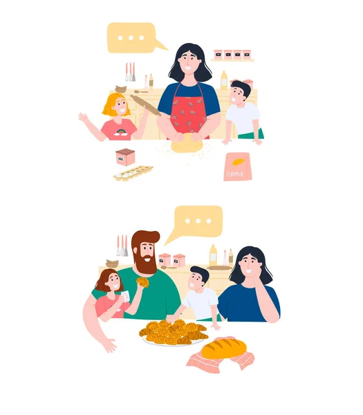 Мама Двое Детей Девочка Мальчик Делают Домашний Хлеб Потом Семья Стоковая Иллюстрация