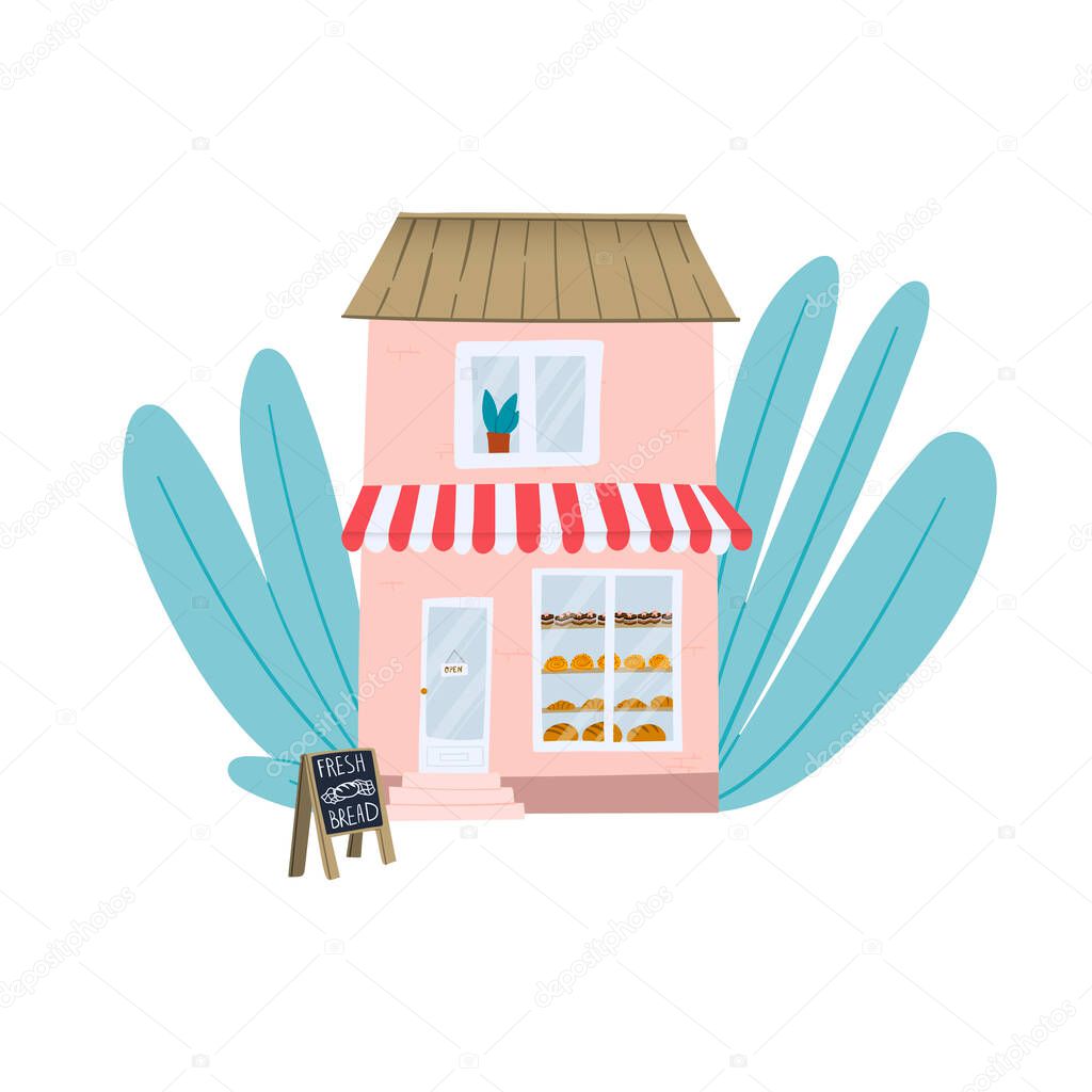 Cute small home bakery with tasty fresh bread, croissants, buns and cakes. Flat hand drawn doodle style illustration. Family bakery business concept illustration. Stock vector
