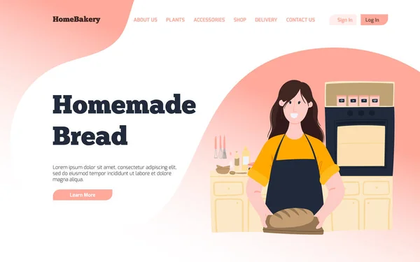 平文字デザインのベーカリーランディングページレイアウトテンプレート 新鮮な自家製パンとキッチンの女性 漫画のコンセプトイラスト 株式ベクトル — ストックベクタ