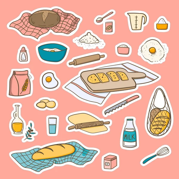 Set Pegatinas Garabatos Para Hornear Pan Ingredientes Vector Stock — Vector de stock