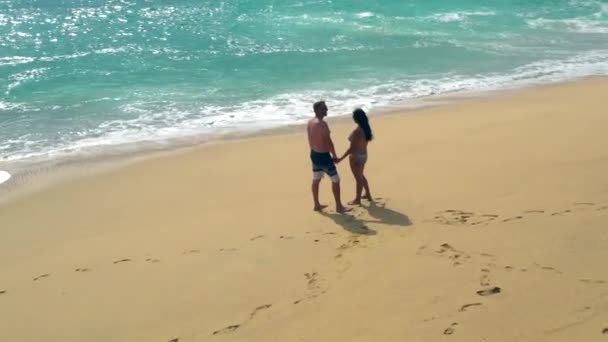 Couple tenant la main sur la belle plage en vacances, vue panoramique aérienne — Video