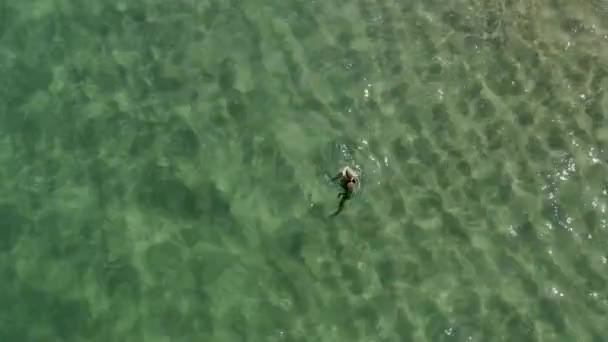 Antenne der Frau mit Sommermütze Schwimmen, von oben nach unten Ansicht mit Kopierraum — Stockvideo