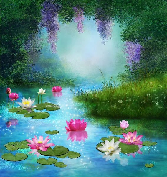 Fantasy pond and water lilies — Stock Photo, Image