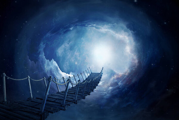 Fantasy bridge on a portal in the space. 3D rendering image.