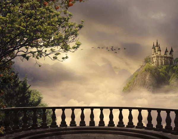 Το κάστρο φαντασίωση και μπαλκόνι στα βουνά. 3D rendering — Φωτογραφία Αρχείου