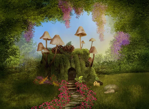 Fantasy house on a tree trunk. 3D — Stock Photo, Image