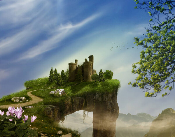 Fantasy landscape with cliff, castle and mountains. 3 D rendering
