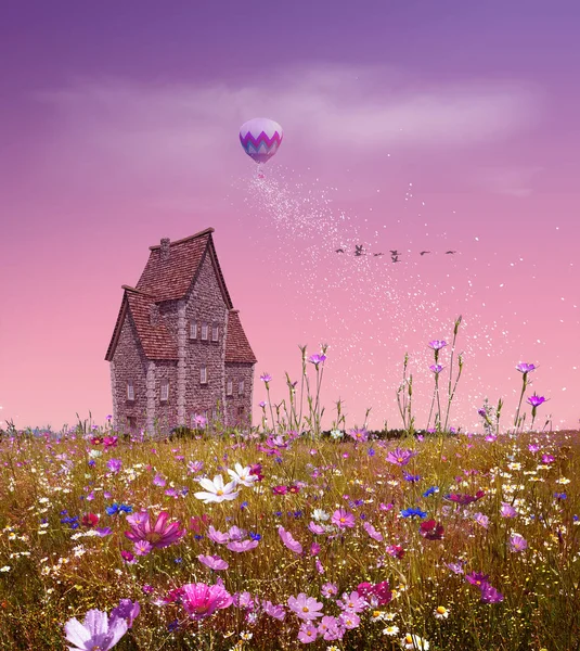 Fantasy field with flowers, house and ballon in a pink sky — Stock Photo, Image